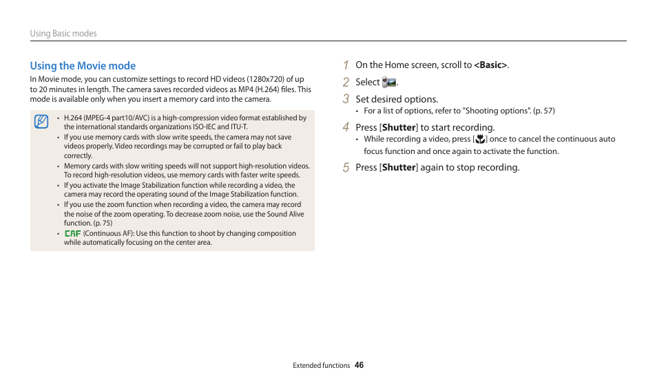 Using the movie mode | Samsung EC-WB30FZBPWUS User Manual | Page 47 / 156