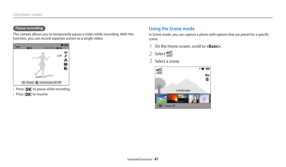 Using the scene mode | Samsung EC-WB30FZBPWUS User Manual | Page 48 / 156