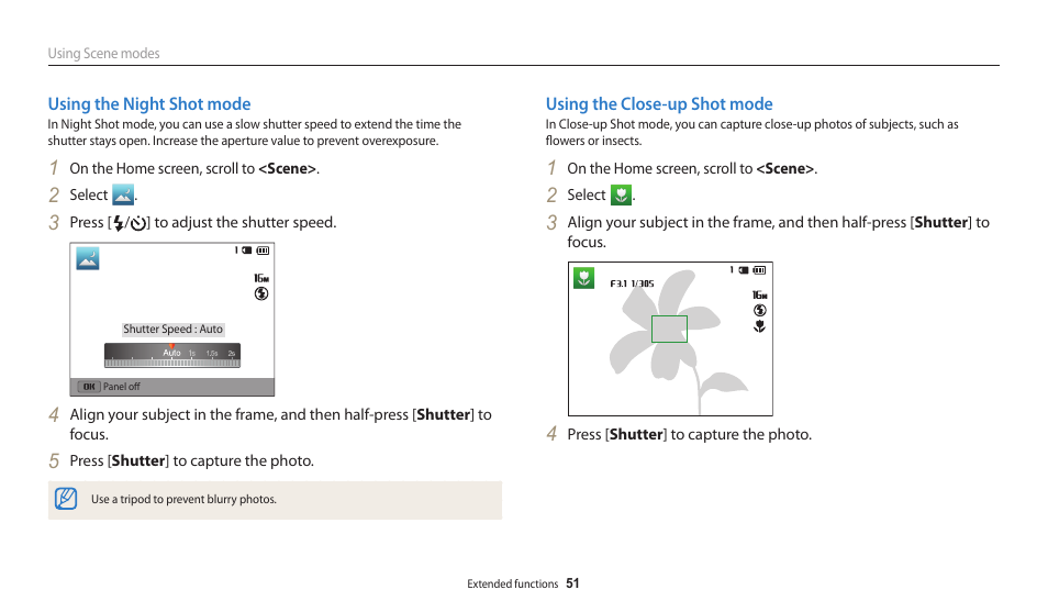 Using the night shot mode, Using the close-up shot mode | Samsung EC-WB30FZBPWUS User Manual | Page 52 / 156