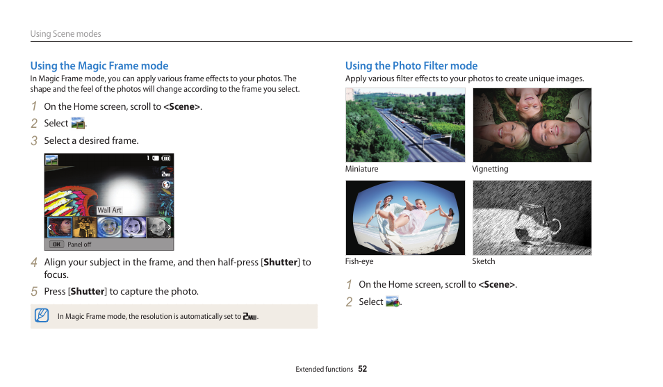 Using the magic frame mode, Using the photo filter mode | Samsung EC-WB30FZBPWUS User Manual | Page 53 / 156