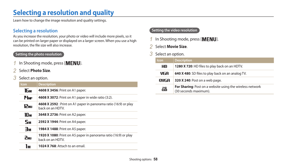 Selecting a resolution and quality, Selecting a resolution | Samsung EC-WB30FZBPWUS User Manual | Page 59 / 156