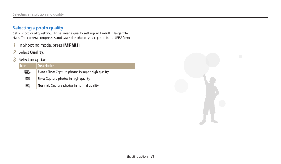 Selecting a photo quality | Samsung EC-WB30FZBPWUS User Manual | Page 60 / 156
