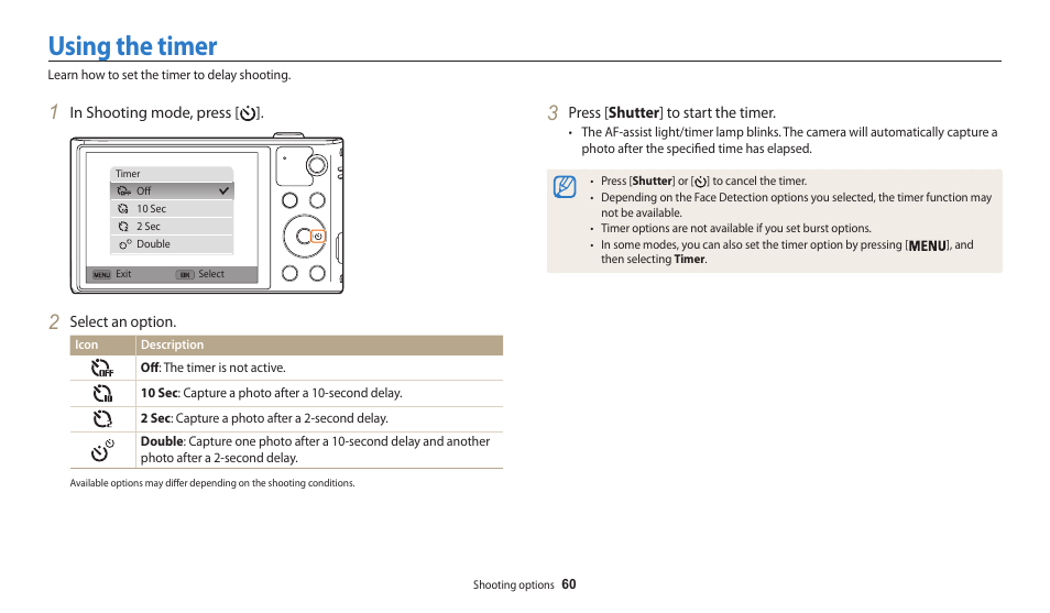 Using the timer | Samsung EC-WB30FZBPWUS User Manual | Page 61 / 156