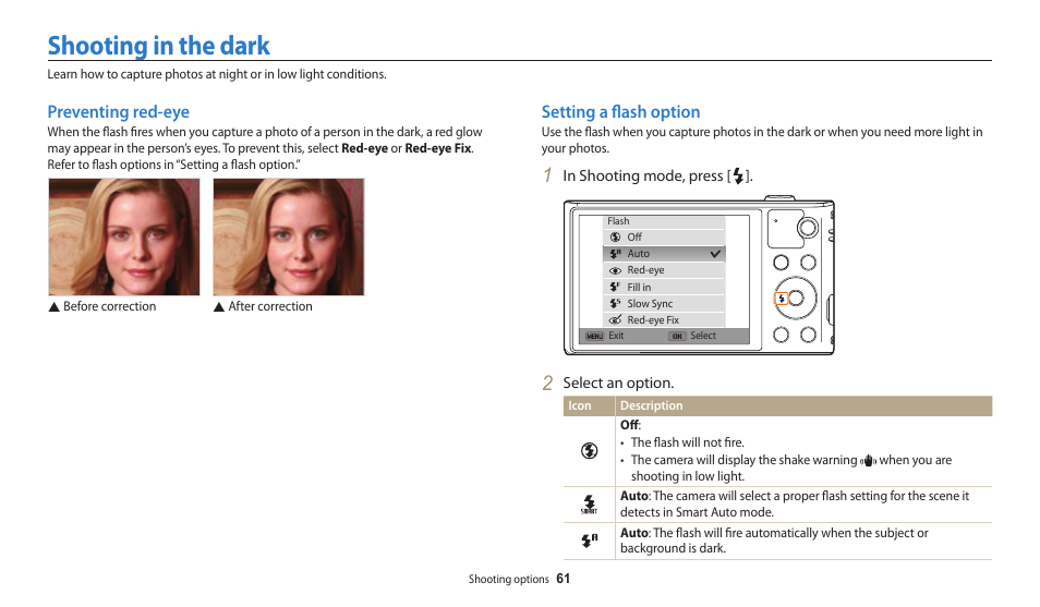 Shooting in the dark, Preventing red-eye, Setting a flash option | Preventing red-eye setting a flash option | Samsung EC-WB30FZBPWUS User Manual | Page 62 / 156