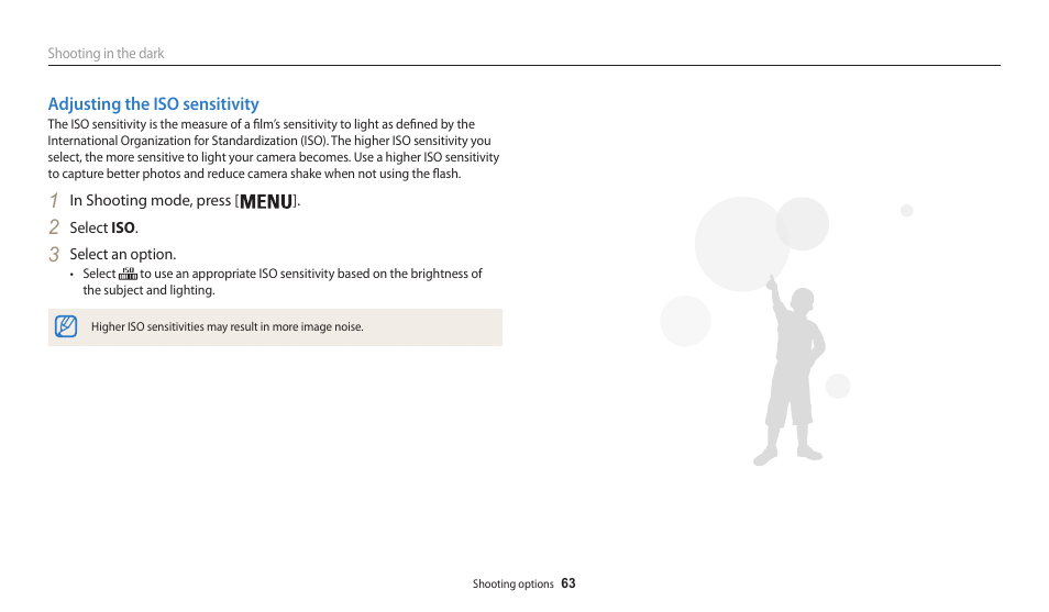 Adjusting the iso sensitivity | Samsung EC-WB30FZBPWUS User Manual | Page 64 / 156