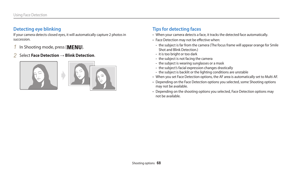 Detecting eye blinking, Tips for detecting faces, Detecting eye blinking tips for detecting faces | Samsung EC-WB30FZBPWUS User Manual | Page 69 / 156