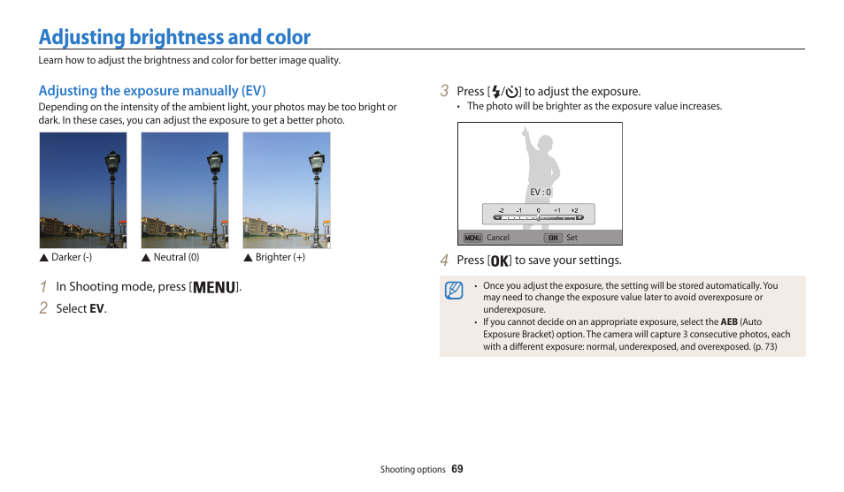Adjusting brightness and color, Adjusting the exposure manually (ev) | Samsung EC-WB30FZBPWUS User Manual | Page 70 / 156