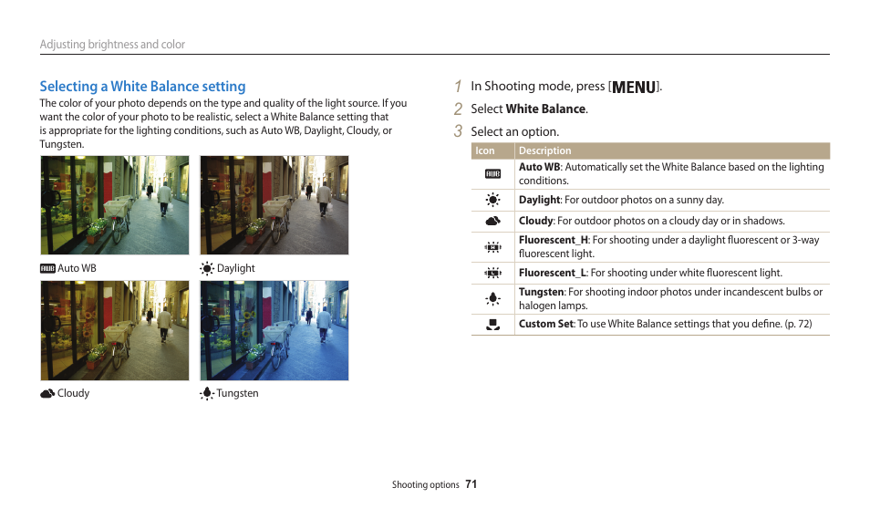 Selecting a white balance setting | Samsung EC-WB30FZBPWUS User Manual | Page 72 / 156