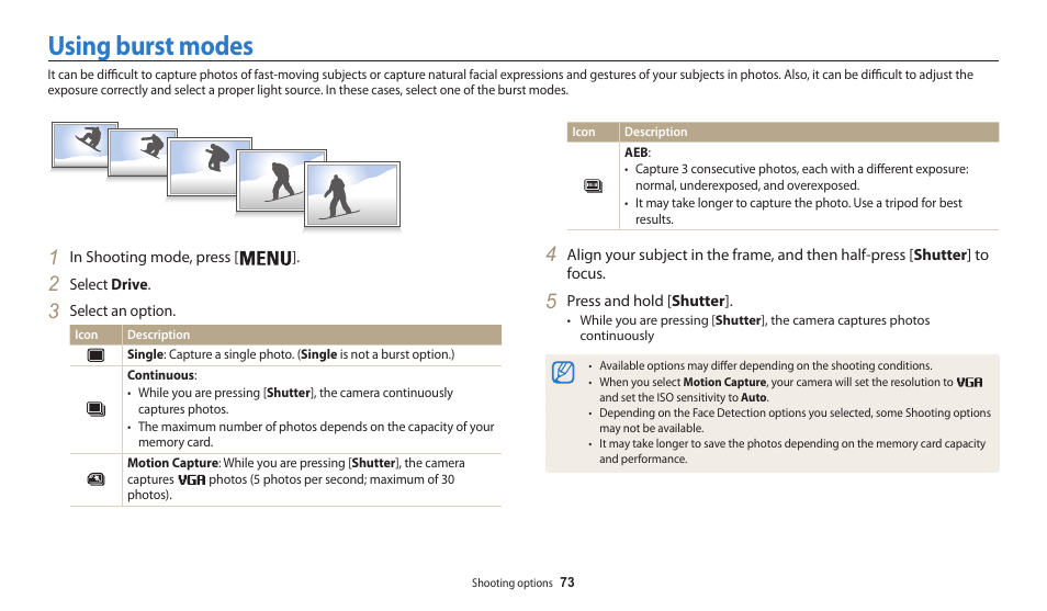 Using burst modes | Samsung EC-WB30FZBPWUS User Manual | Page 74 / 156