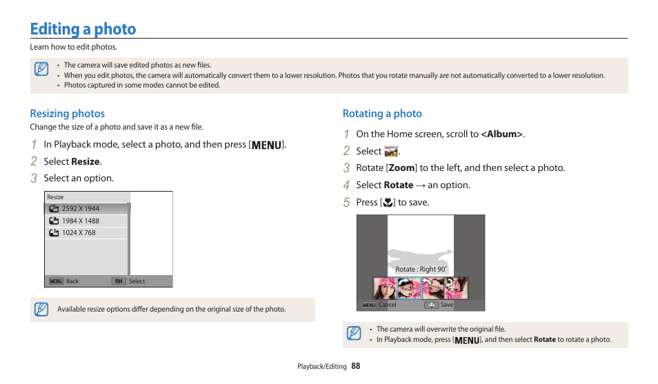 Editing a photo, Resizing photos, Rotating a photo | Resizing photos rotating a photo | Samsung EC-WB30FZBPWUS User Manual | Page 89 / 156