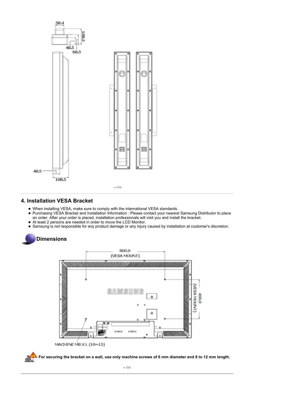 Installation vesa bracket, Dimensions | Samsung LS57BPHNB-XAA User Manual | Page 20 / 78