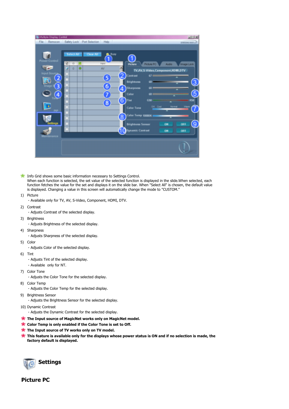 Settings picture pc | Samsung LS57BPHNB-XAA User Manual | Page 43 / 78