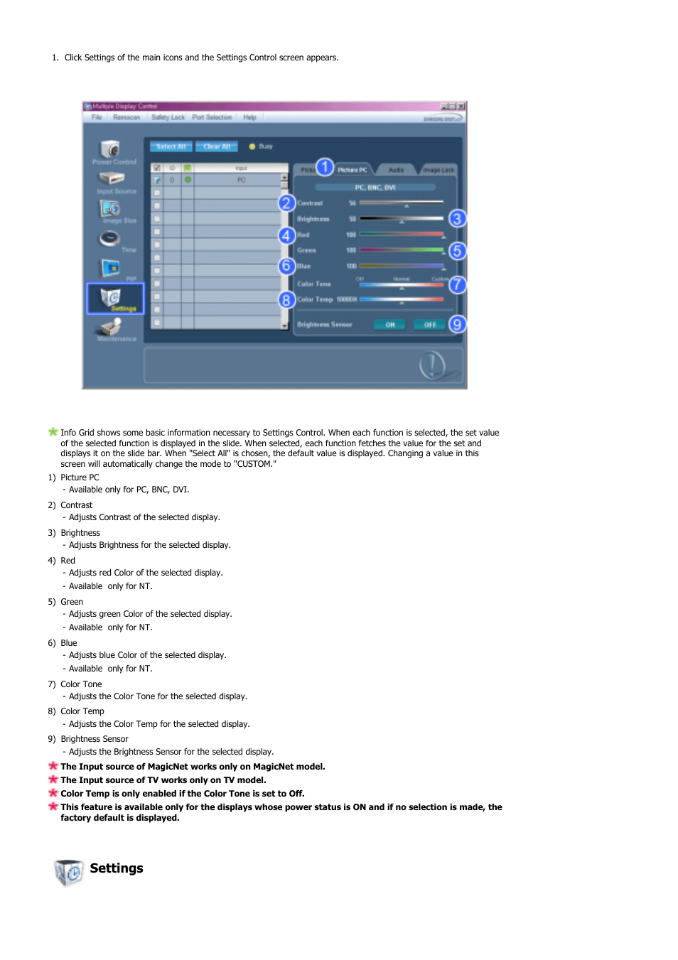 Settings | Samsung LS57BPHNB-XAA User Manual | Page 44 / 78