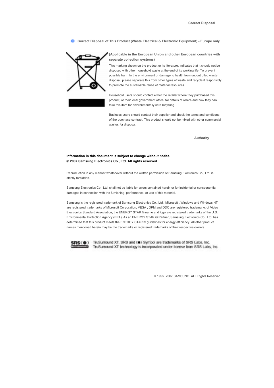 Correct disposal, Authority | Samsung LS57BPHNB-XAA User Manual | Page 78 / 78