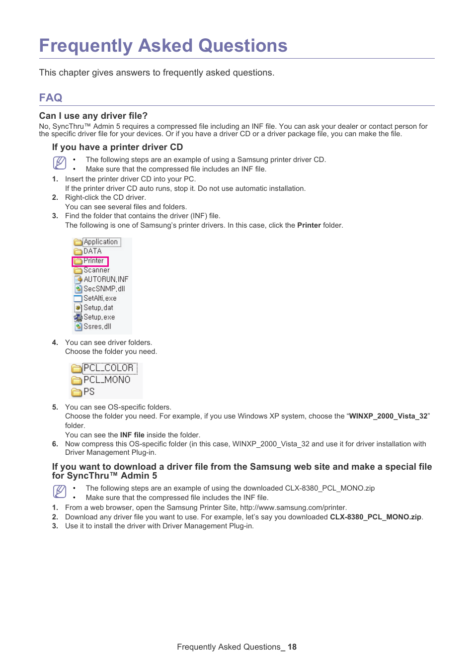 Frequently asked questions, Can i use any driver file | Samsung ML-3471ND-XAA User Manual | Page 18 / 37