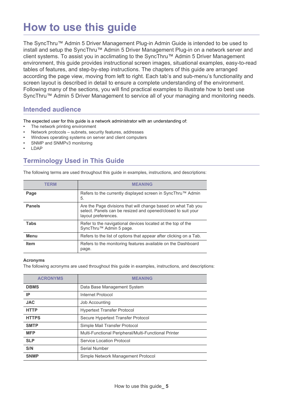 How to use this guide, Intended audience, Terminology used in this guide | Samsung ML-3471ND-XAA User Manual | Page 5 / 37