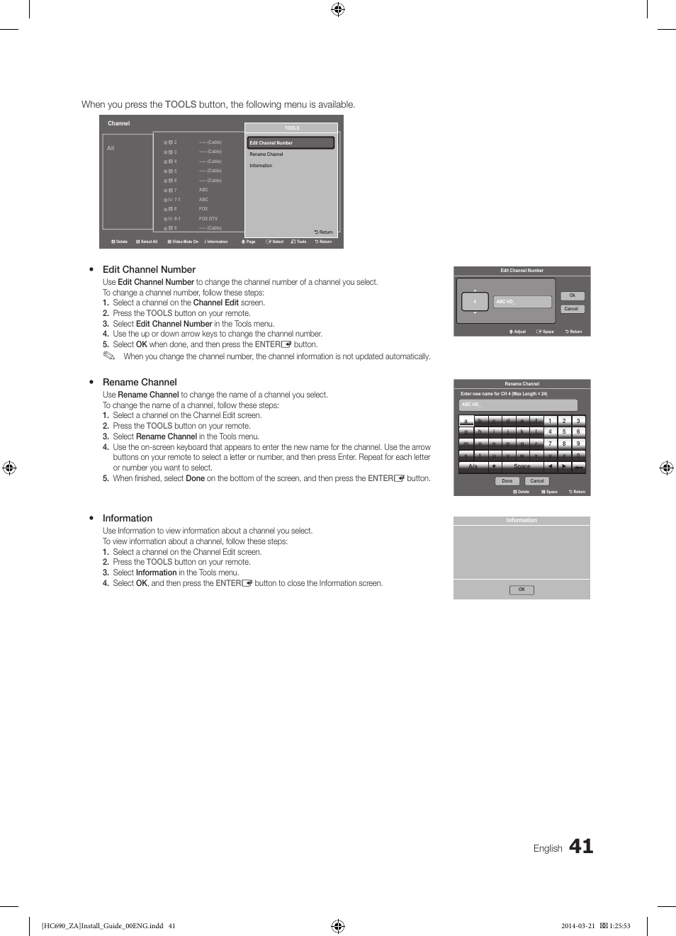 Y edit channel number, Y rename channel, Y information | Samsung HG40NC690DFXZA User Manual | Page 41 / 53