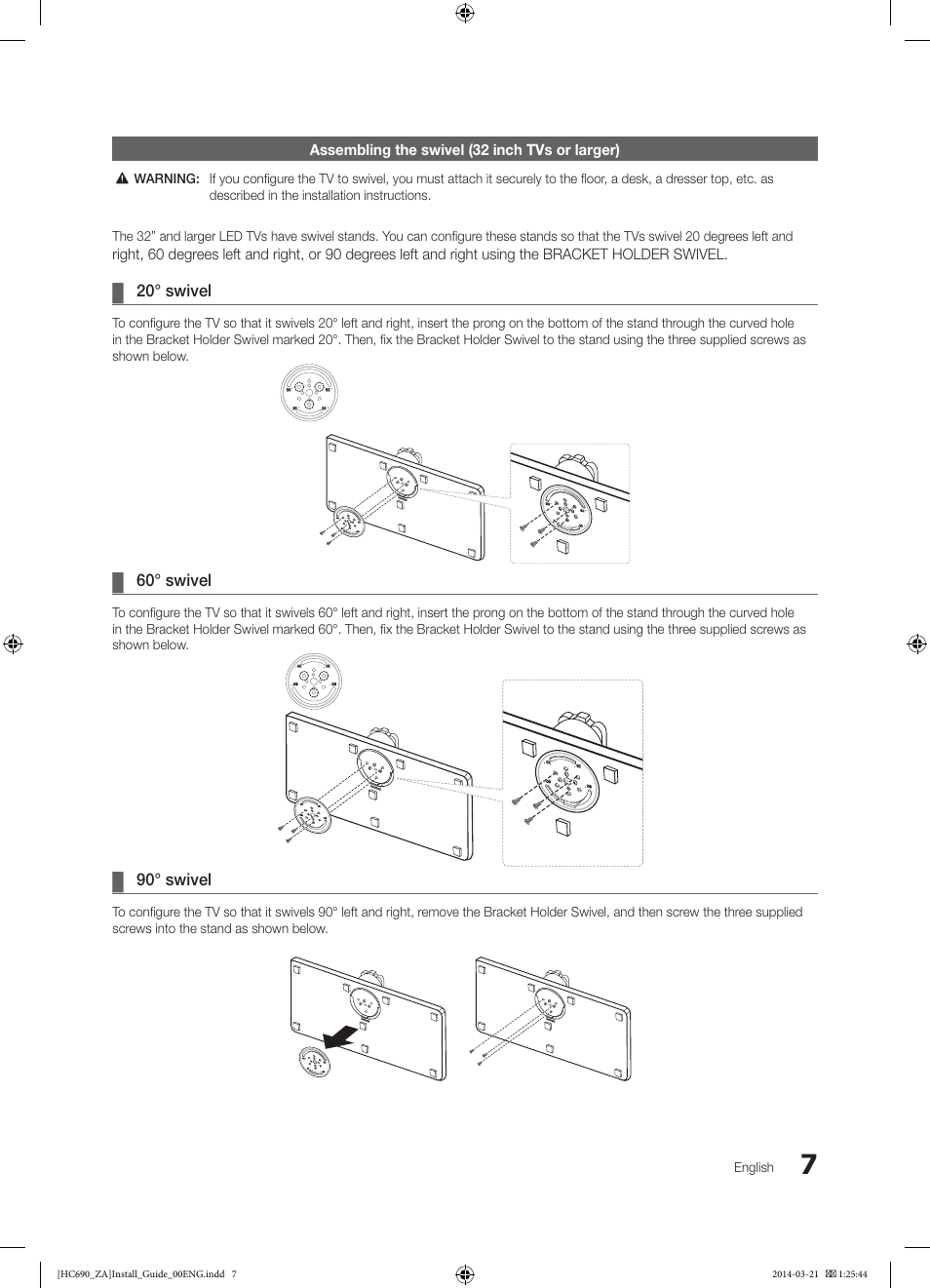 Assembling the swivel (32 inch tvs or larger) | Samsung HG40NC690DFXZA User Manual | Page 7 / 53