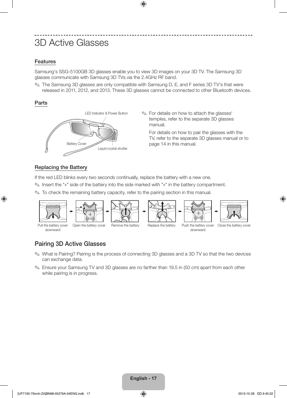 3d active glasses, Pairing 3d active glasses | Samsung UN75F7100AFXZA User Manual | Page 17 / 34