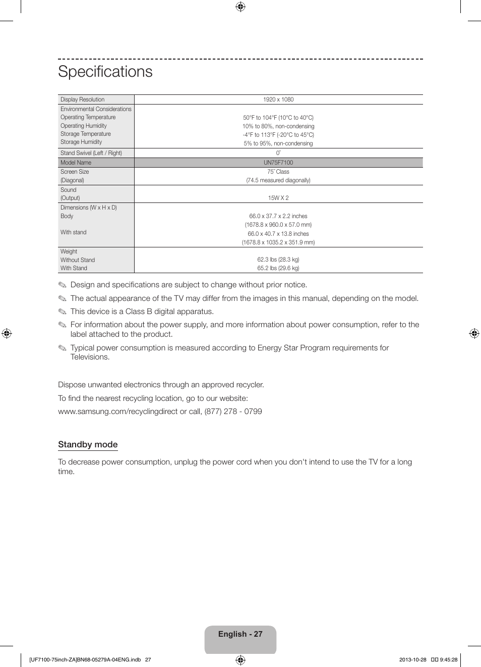 Specifications | Samsung UN75F7100AFXZA User Manual | Page 27 / 34