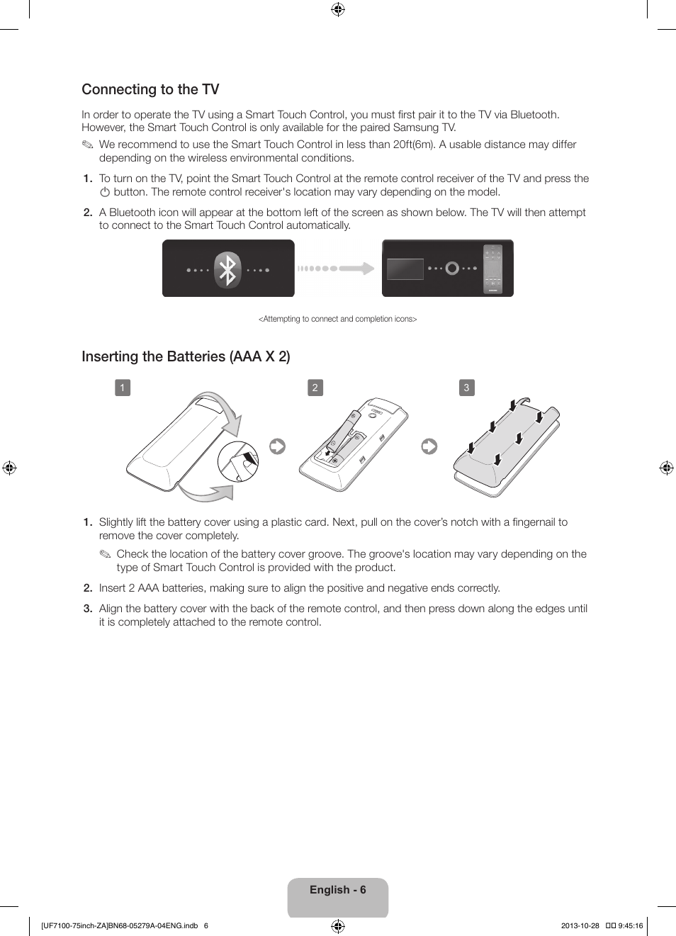 Connecting to the tv, Inserting the batteries (aaa x 2) | Samsung UN75F7100AFXZA User Manual | Page 6 / 34