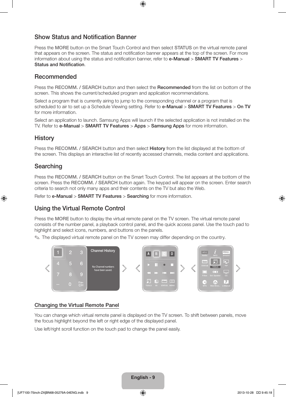 Show status and notification banner, Recommended, History | Searching, Using the virtual remote control, Changing the virtual remote panel | Samsung UN75F7100AFXZA User Manual | Page 9 / 34