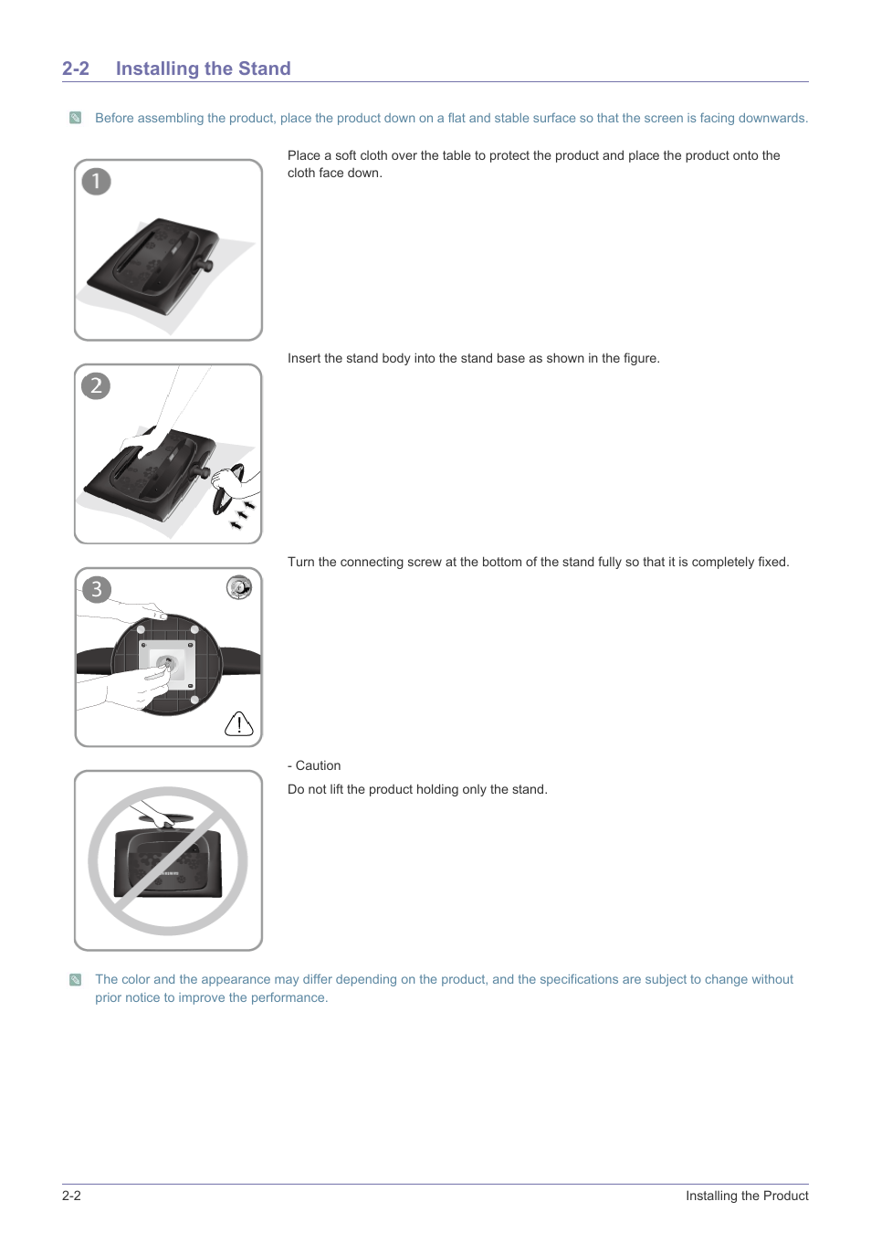 2 installing the stand, Installing the stand -2 | Samsung LS23CMZKFZ-ZA User Manual | Page 12 / 40