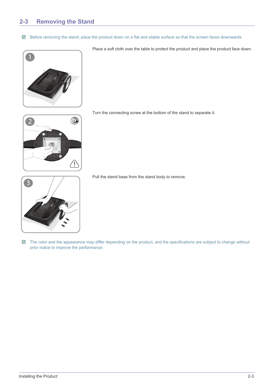 3 removing the stand, Removing the stand -3 | Samsung LS23CMZKFZ-ZA User Manual | Page 13 / 40