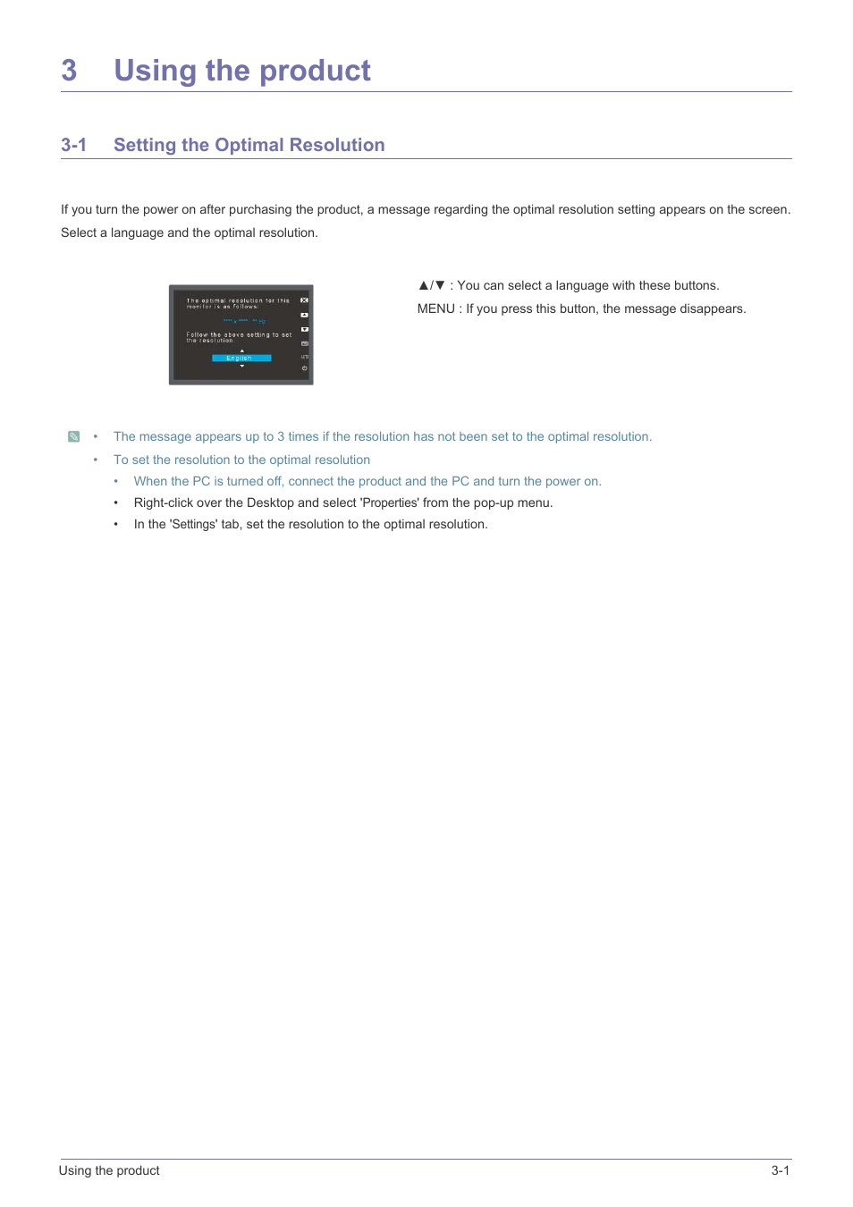 3 using the product, 1 setting the optimal resolution, Using the product | Setting the optimal resolution -1, 3using the product | Samsung LS23CMZKFZ-ZA User Manual | Page 17 / 40