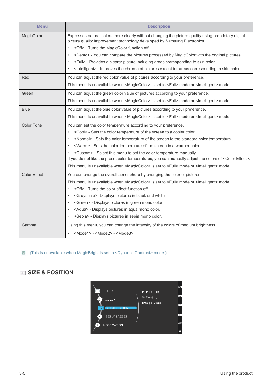 Size & position | Samsung LS23CMZKFZ-ZA User Manual | Page 24 / 40