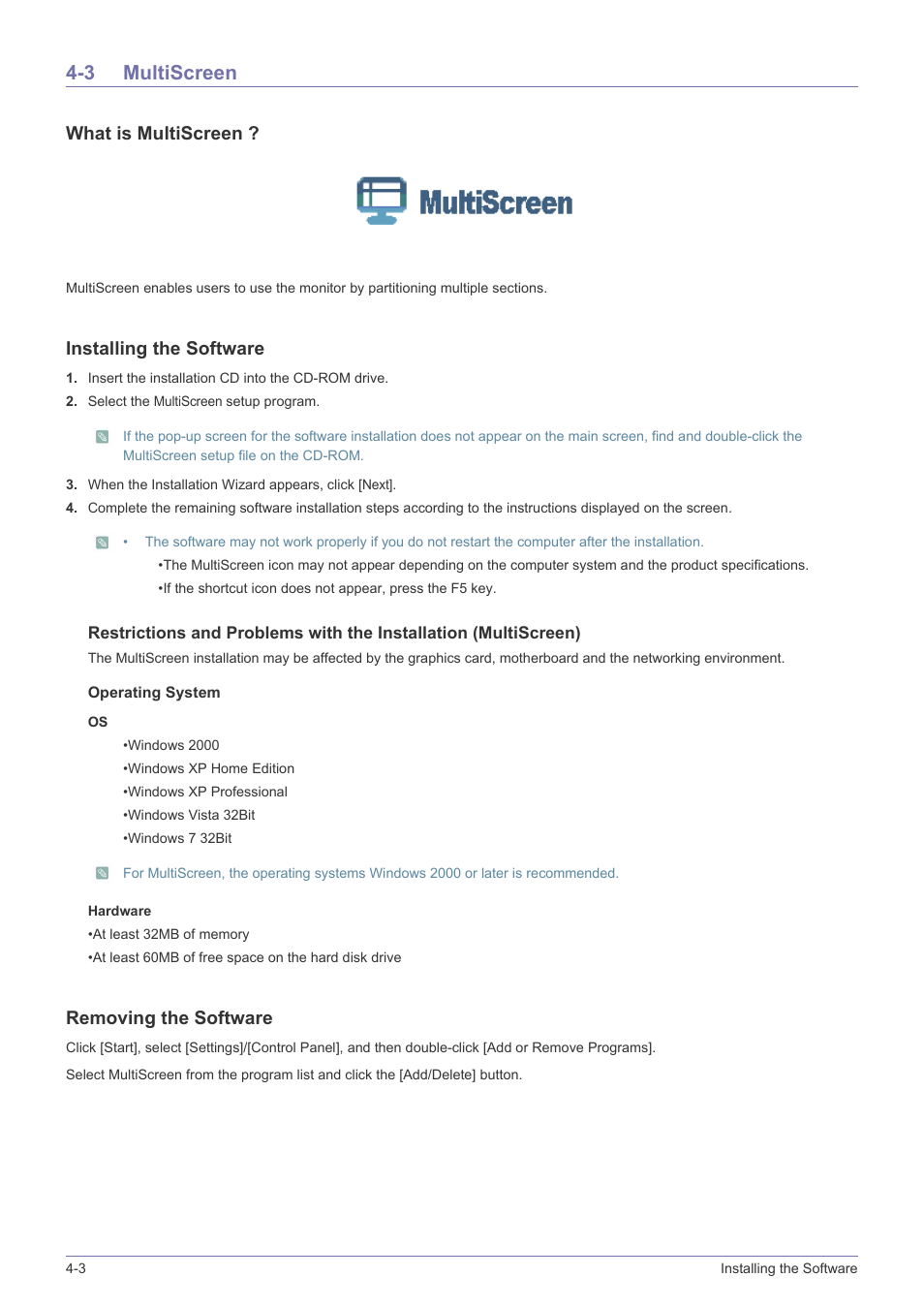 3 multiscreen, Multiscreen -3, What is multiscreen | Installing the software, Removing the software | Samsung LS23CMZKFZ-ZA User Manual | Page 30 / 40