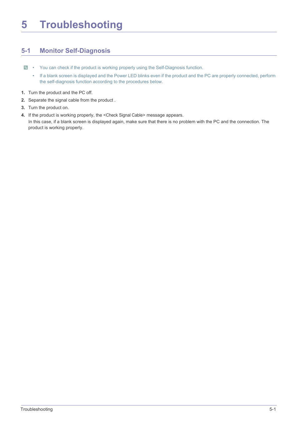 5 troubleshooting, 1 monitor self-diagnosis, Troubleshooting | Monitor self-diagnosis -1, 5troubleshooting | Samsung LS23CMZKFZ-ZA User Manual | Page 31 / 40