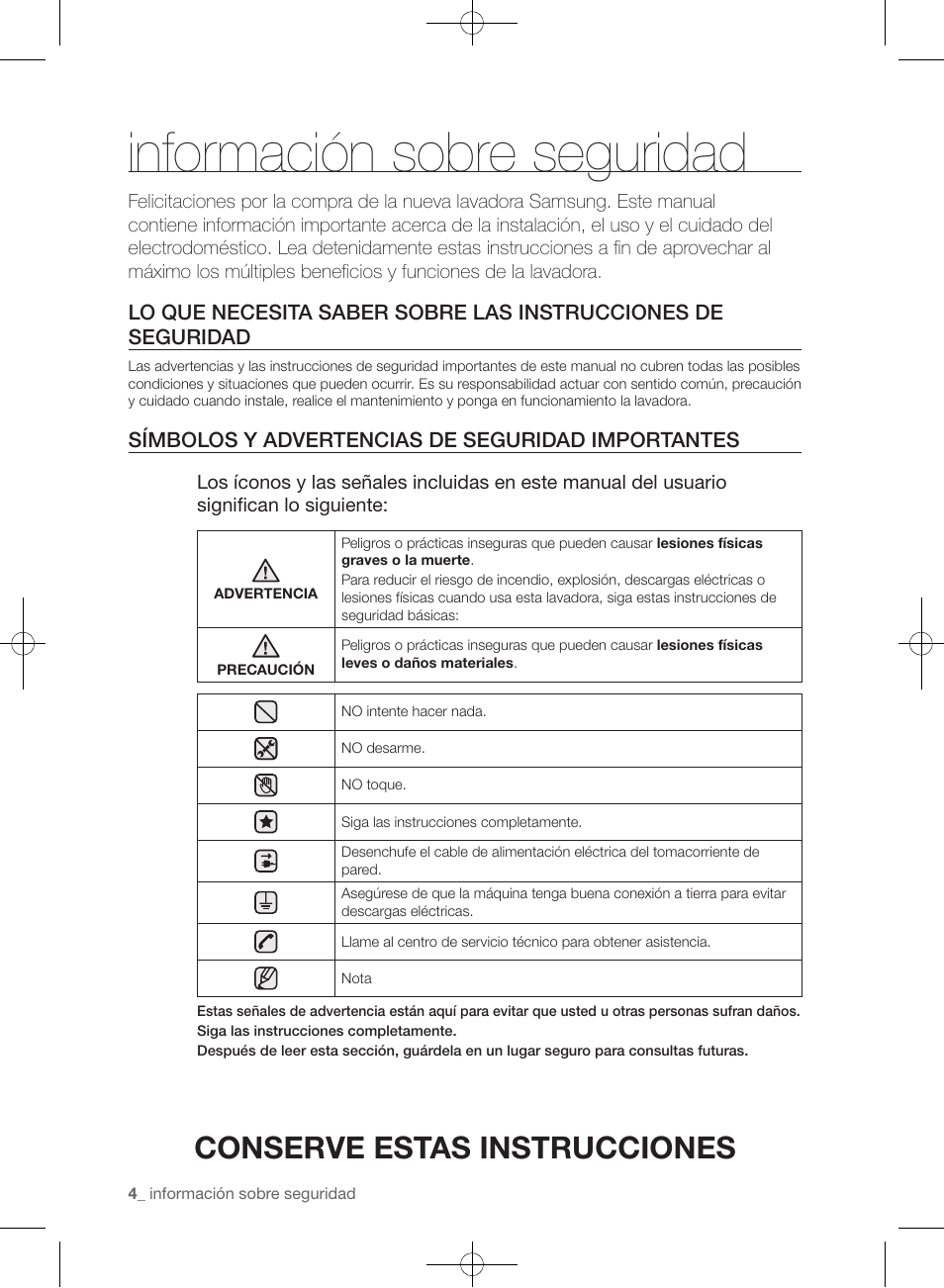 Información sobre seguridad, Conserve estas instrucciones, Símbolos y advertencias de seguridad importantes | Samsung WF433BTGJWR-A2 User Manual | Page 100 / 144