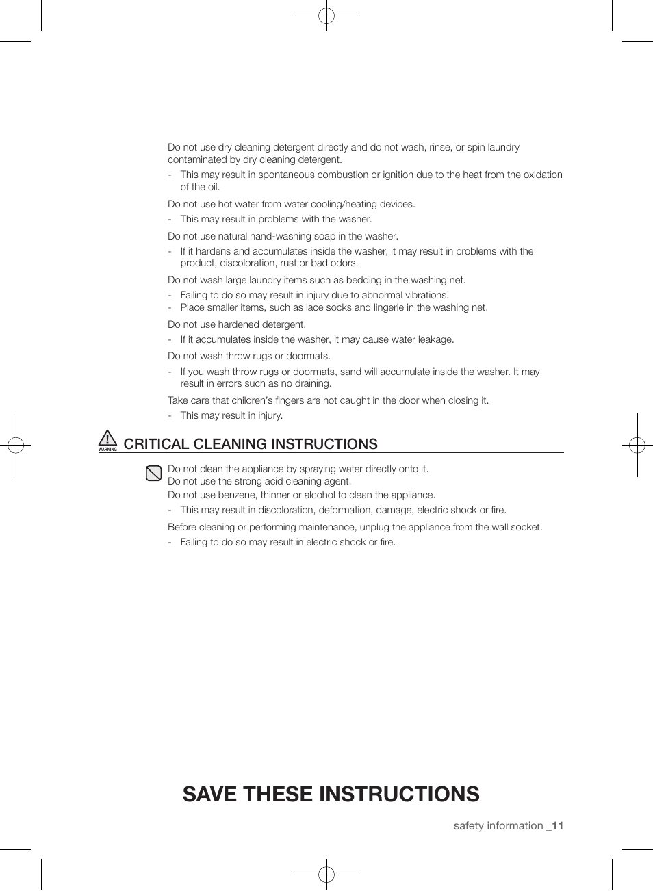 Save these instructions, Critical cleaning instructions | Samsung WF433BTGJWR-A2 User Manual | Page 11 / 144