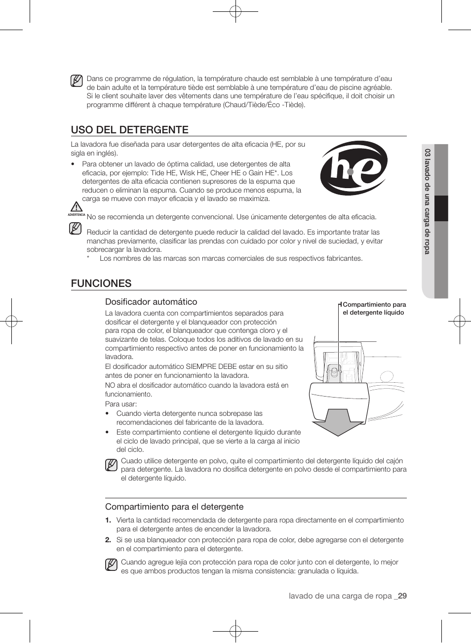 Uso del detergente, Funciones | Samsung WF433BTGJWR-A2 User Manual | Page 125 / 144