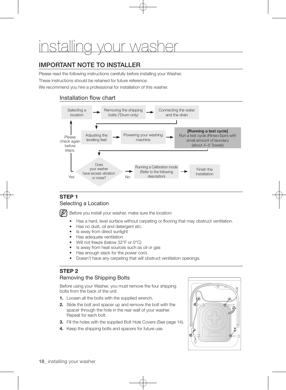 Installing your washer, Installation flow chart | Samsung WF433BTGJWR-A2 User Manual | Page 18 / 144