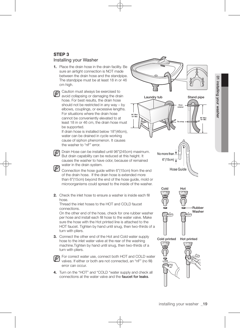 Step 3 installing your washer, Installing your washer | Samsung WF433BTGJWR-A2 User Manual | Page 19 / 144