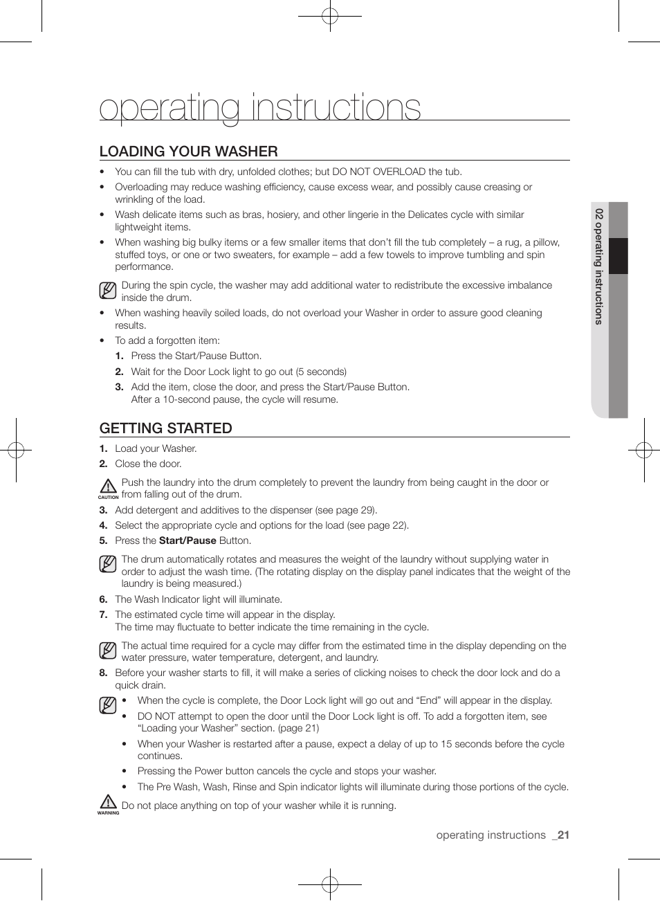 Operating instructions, Loading your washer, Getting started | Samsung WF433BTGJWR-A2 User Manual | Page 21 / 144