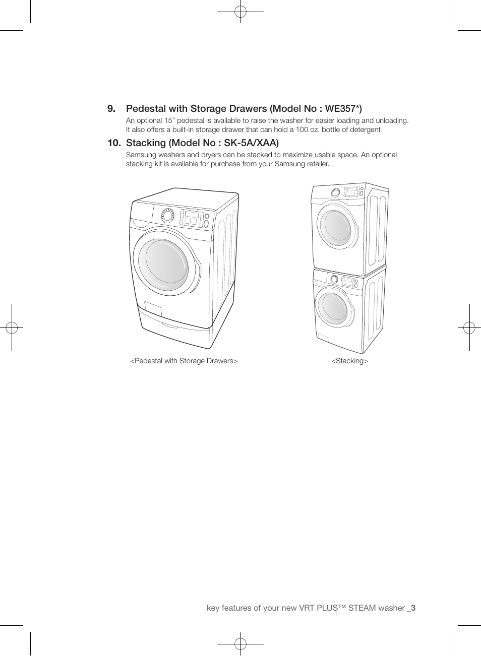 Pedestal with storage drawers (model no : we357*), Stacking (model no : sk-5a/xaa) | Samsung WF433BTGJWR-A2 User Manual | Page 3 / 144