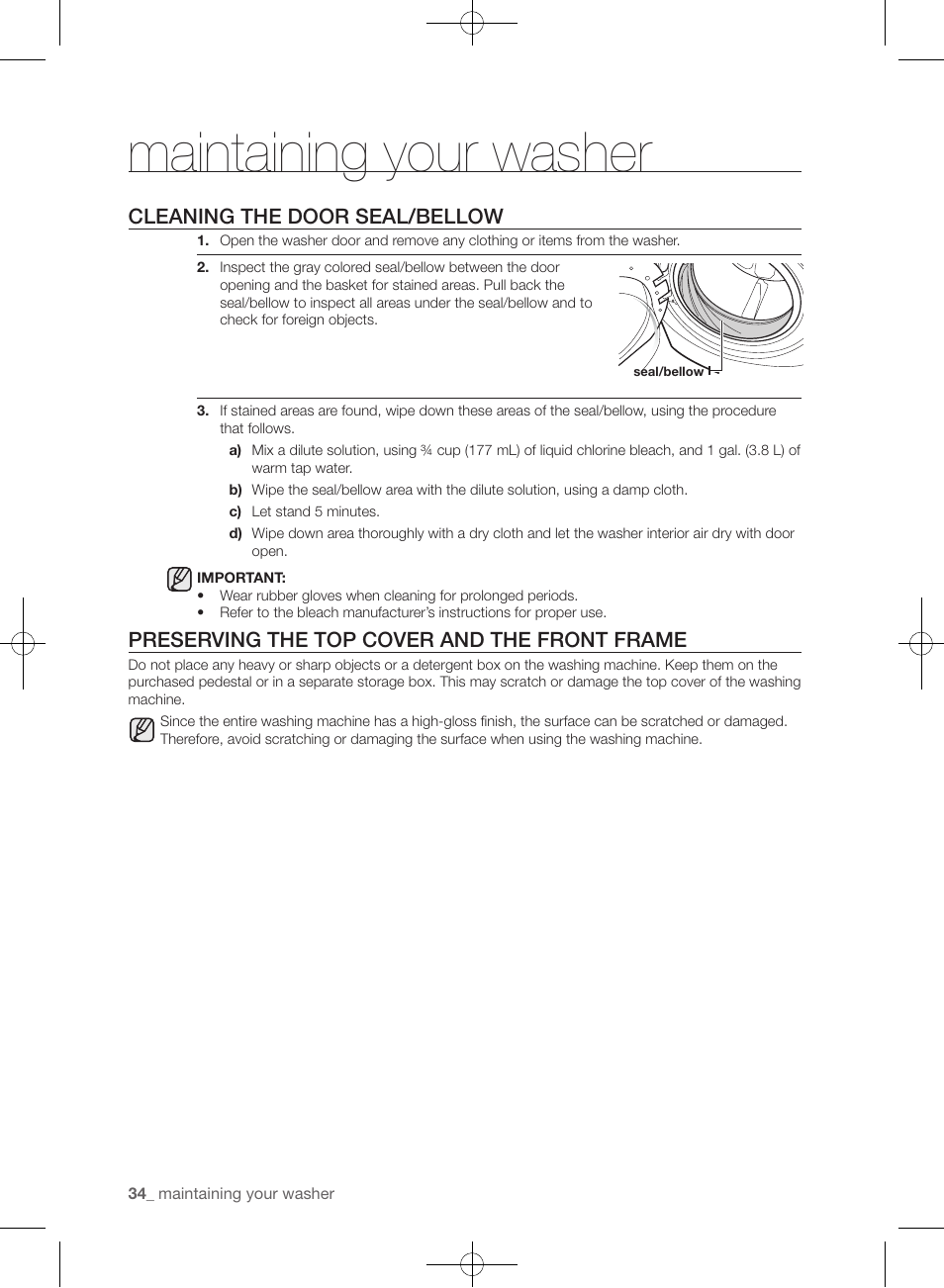 Maintaining your washer, Cleaning the door seal/bellow, Preserving the top cover and the front frame | Samsung WF433BTGJWR-A2 User Manual | Page 34 / 144