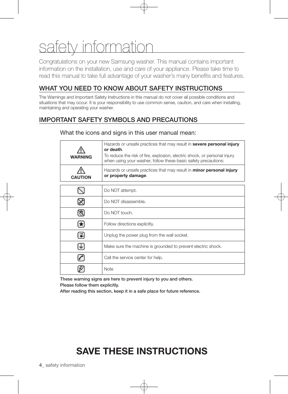 Safety information, Save these instructions, What you need to know about safety instructions | Important safety symbols and precautions | Samsung WF433BTGJWR-A2 User Manual | Page 4 / 144