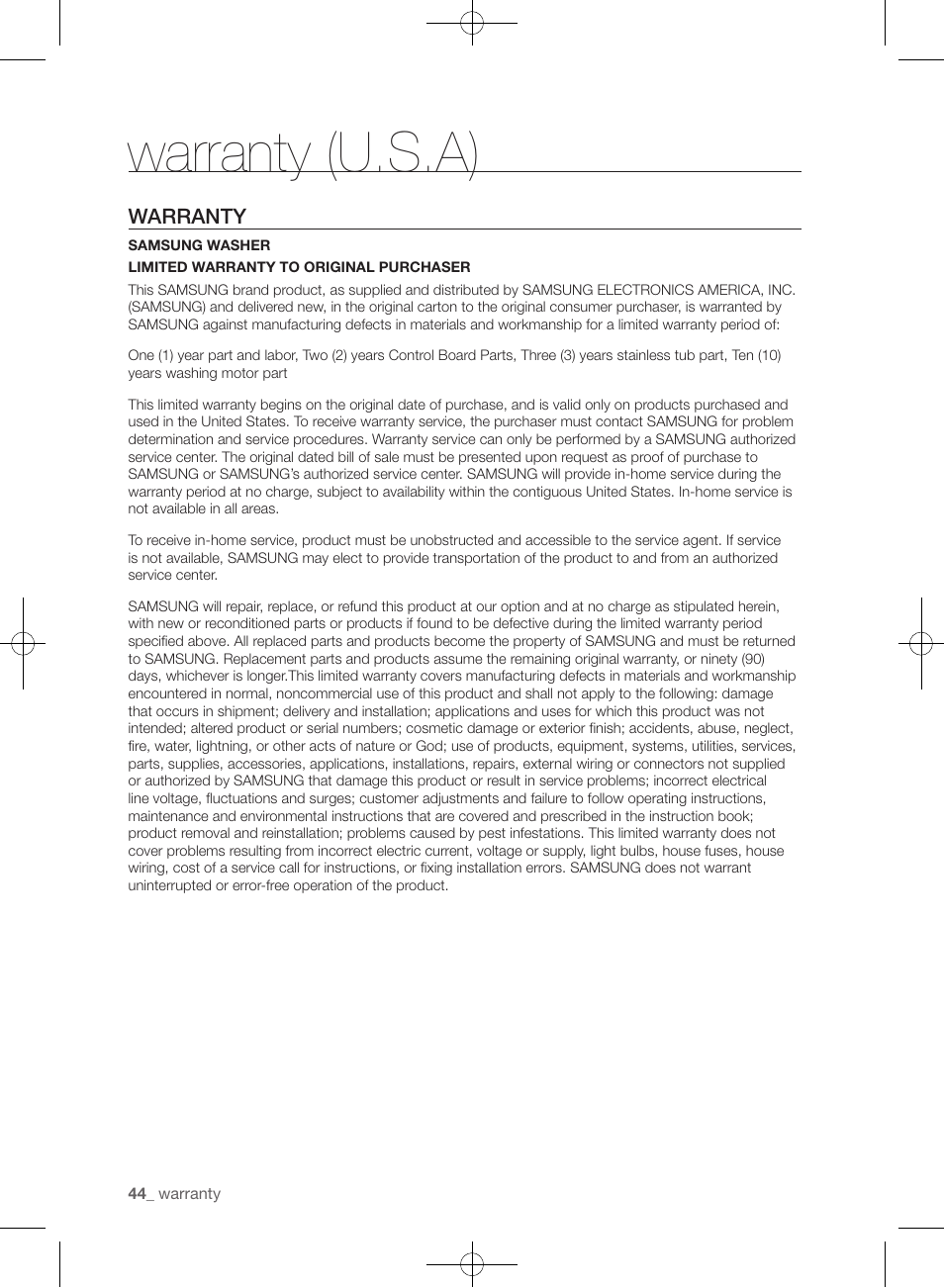 Warranty (u.s.a), Warranty | Samsung WF433BTGJWR-A2 User Manual | Page 44 / 144