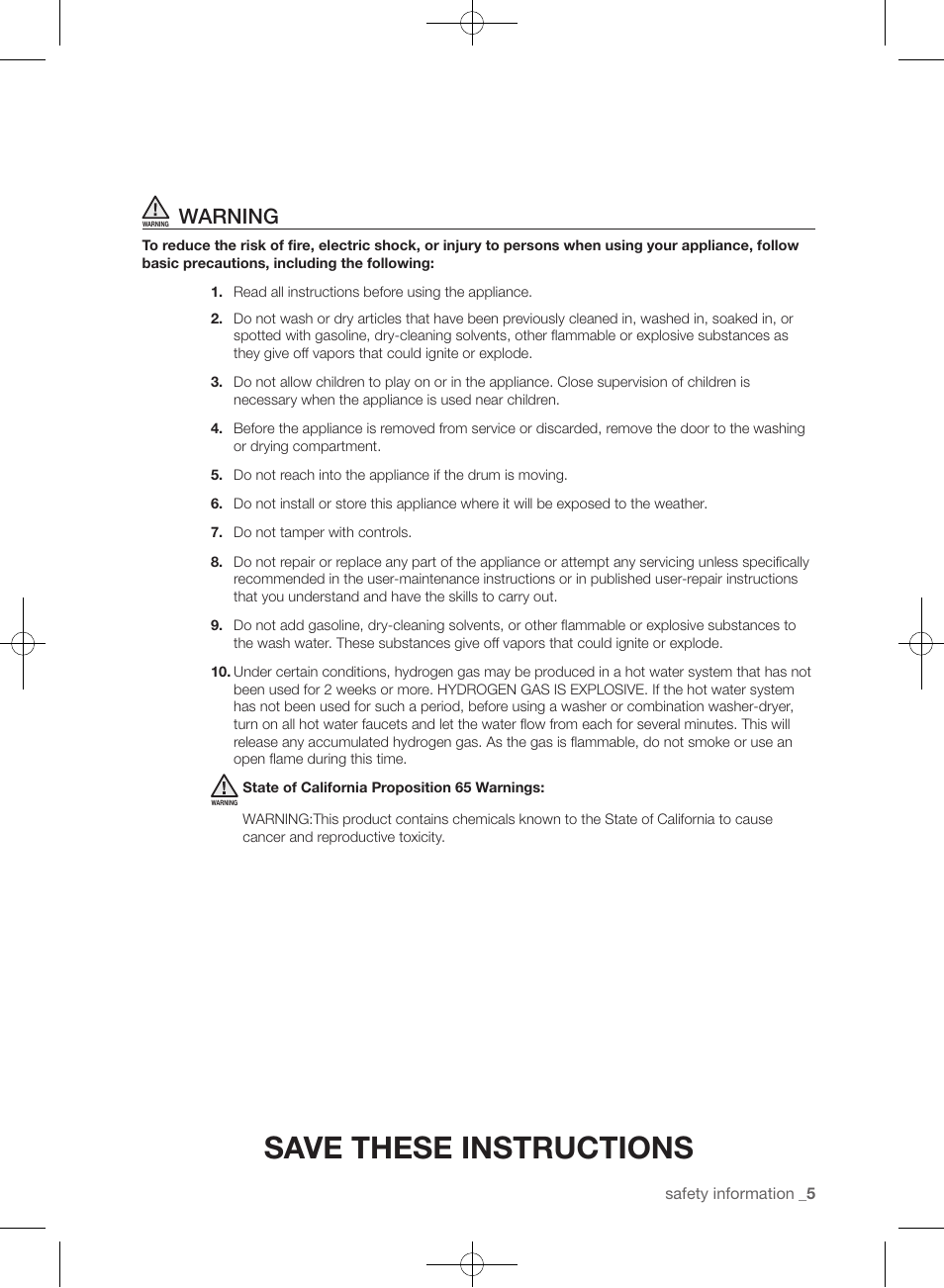 Save these instructions, Warning | Samsung WF433BTGJWR-A2 User Manual | Page 5 / 144
