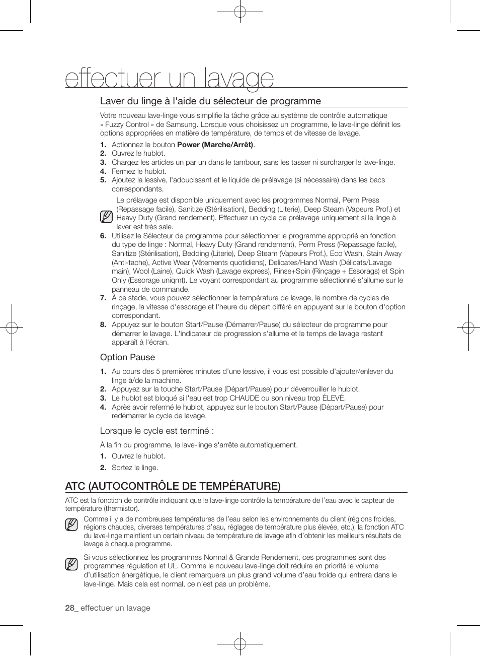 Effectuer un lavage, Atc (autocontrôle de température) | Samsung WF433BTGJWR-A2 User Manual | Page 76 / 144