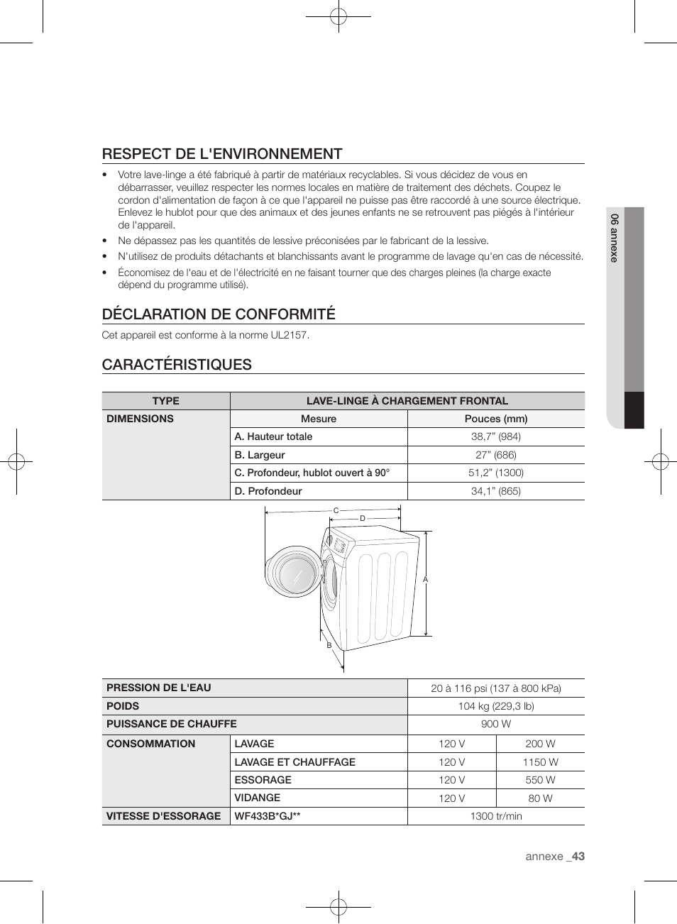Respect de l'environnement, Déclaration de conformité, Caractéristiques | Samsung WF433BTGJWR-A2 User Manual | Page 91 / 144