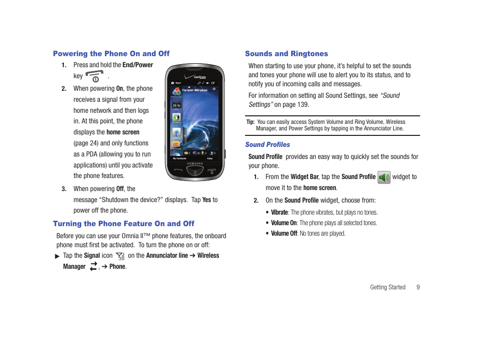 Powering the phone on and off, Turning the phone feature on and off, Sounds and ringtones | Samsung SCH-I920DAAVZW User Manual | Page 14 / 177