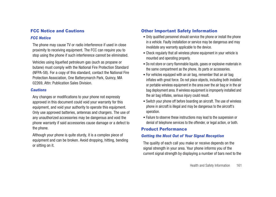 Fcc notice and cautions, Other important safety information, Product performance | Samsung SCH-I920DAAVZW User Manual | Page 166 / 177