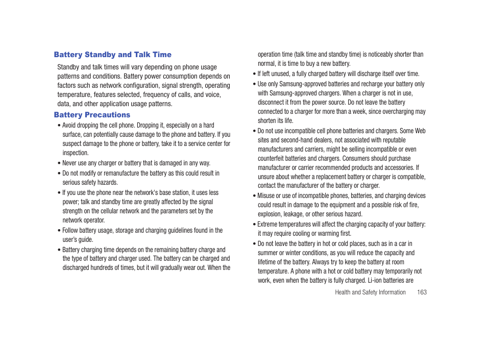 Battery standby and talk time, Battery precautions, Battery standby and talk time battery precautions | Samsung SCH-I920DAAVZW User Manual | Page 168 / 177