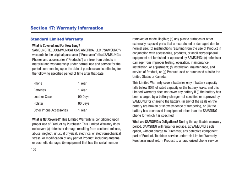 Section 17: warranty information, Standard limited warranty | Samsung SCH-I920DAAVZW User Manual | Page 171 / 177