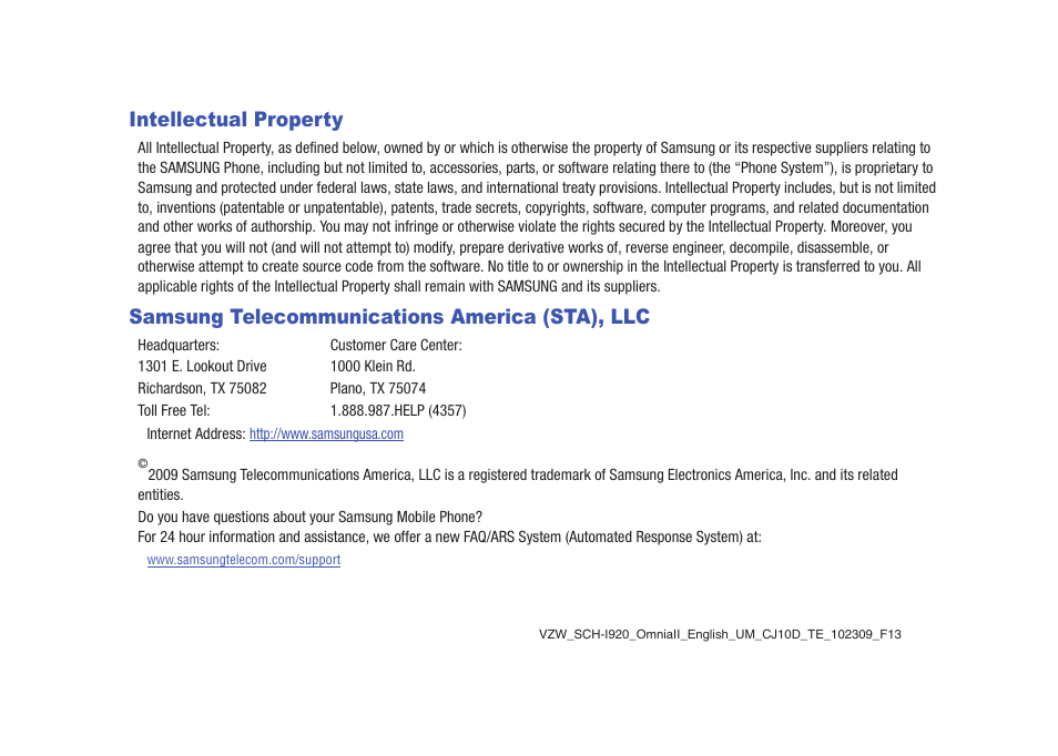 Intellectual property, Samsung telecommunications america (sta), llc | Samsung SCH-I920DAAVZW User Manual | Page 3 / 177